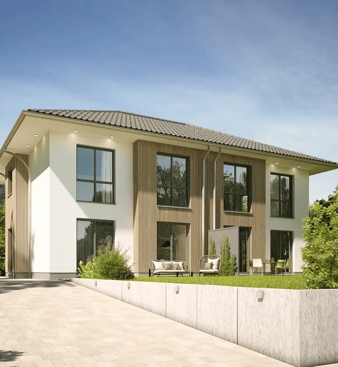 Modern two-story house with large windows, beige vertical panels, tiled roof, and outdoor seating area with sofa and chairs.